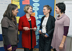 Besuch von Karin Scheele beim zb: 4 Frauen vor einer Pinwand
